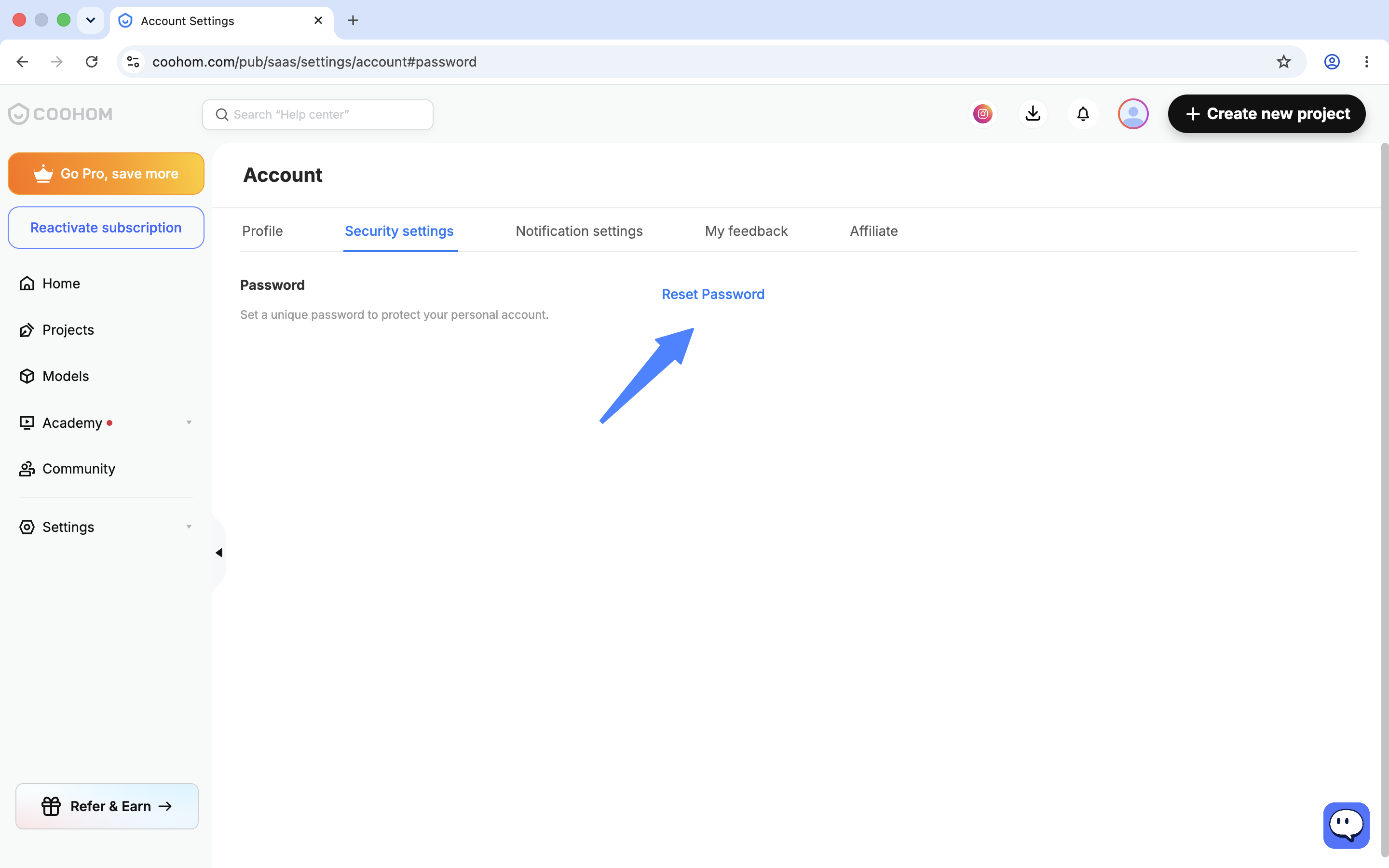 Password reset settings